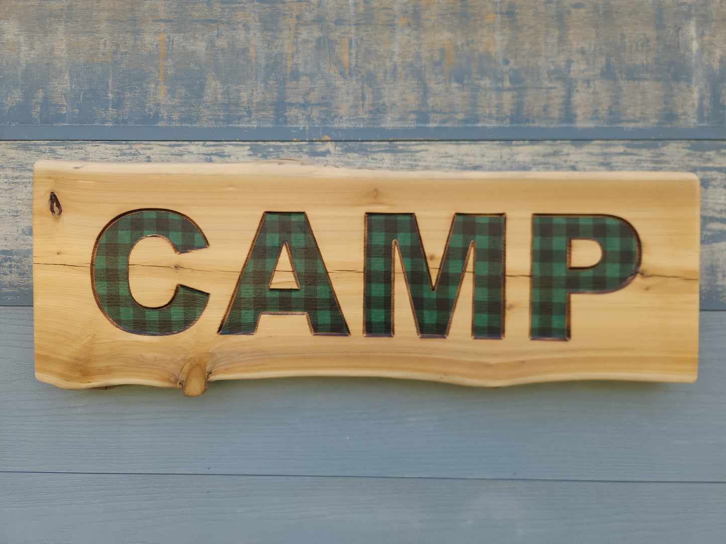 Live-edge Cedar Camp Sign with Green Plaid Inlay