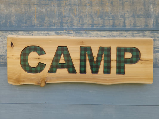 Live-edge Cedar Camp Sign with Green Plaid Inlay