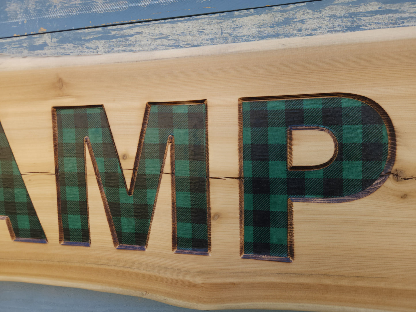 Live-edge Cedar Camp Sign with Green Plaid Inlay