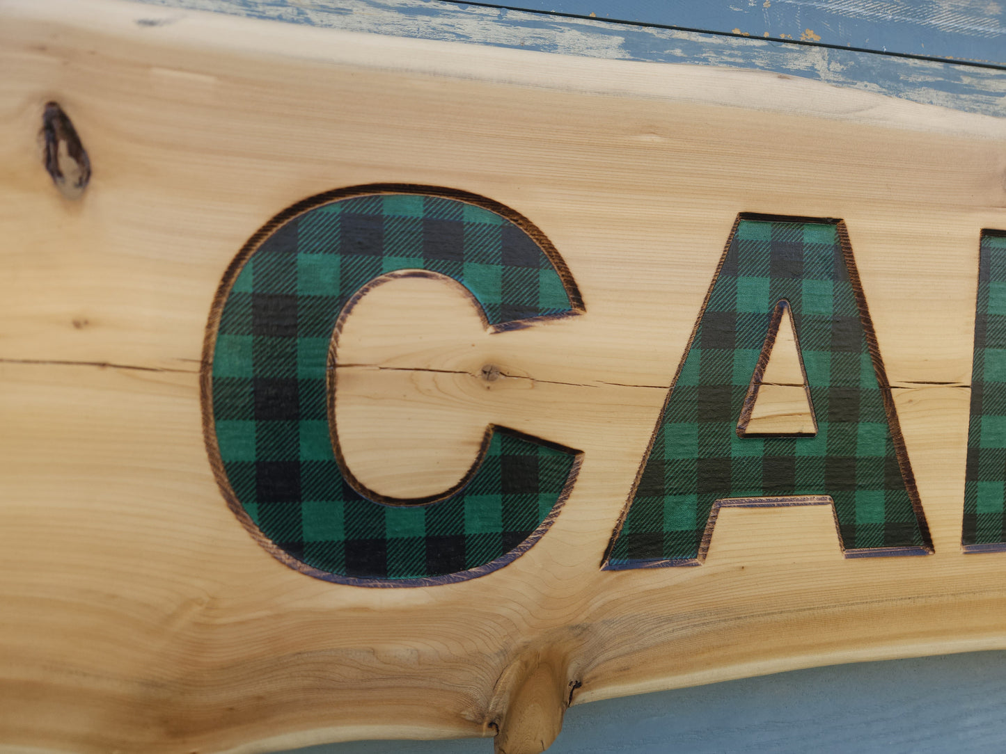 Live-edge Cedar Camp Sign with Green Plaid Inlay