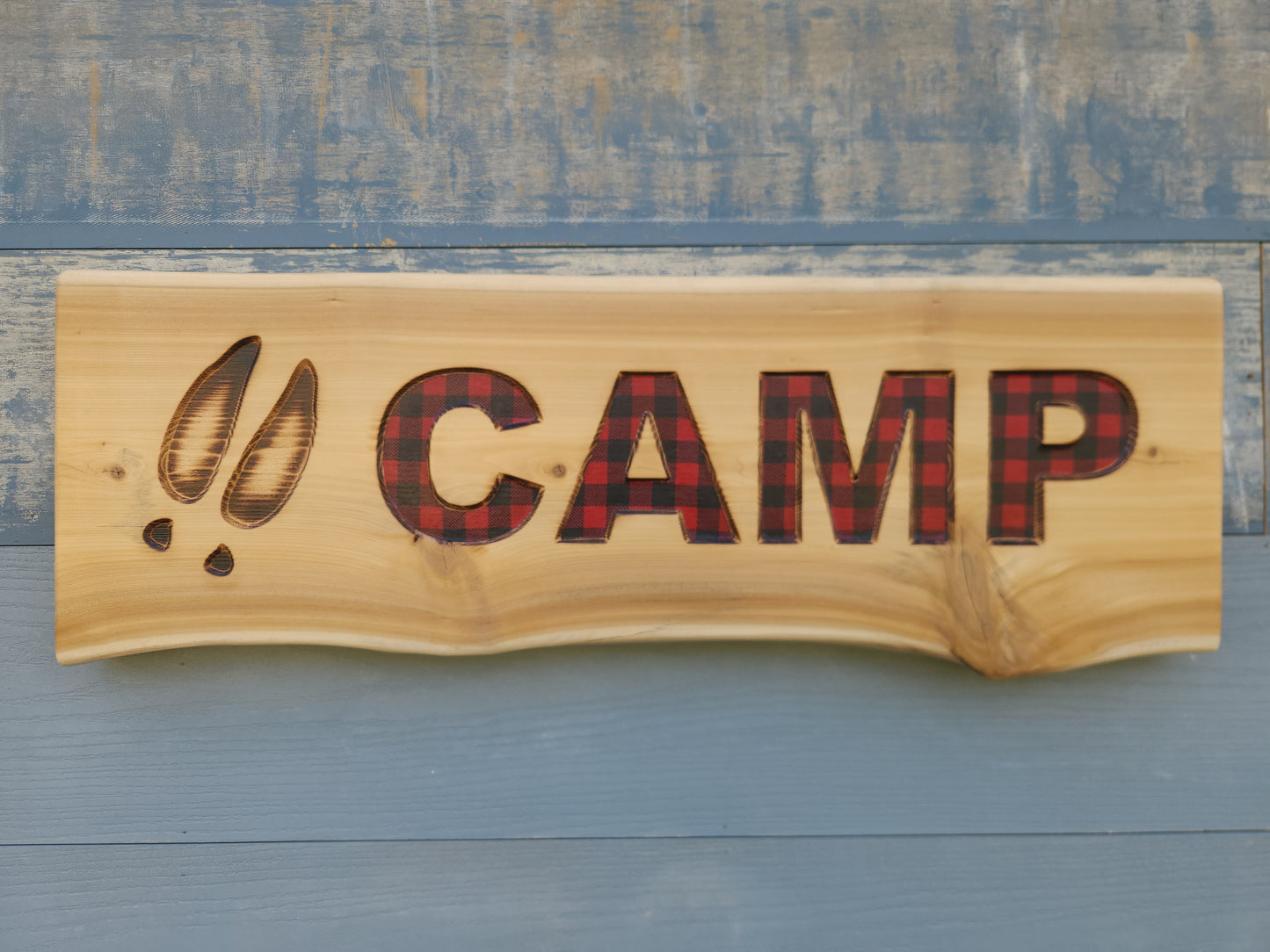 Live-edge Cedar Camp Sign with Red Plaid Inlay