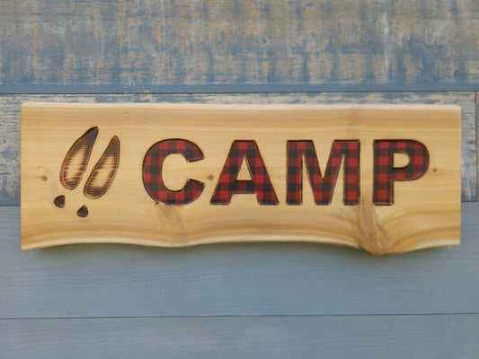 Live-edge Cedar Camp Sign with Red Plaid Inlay