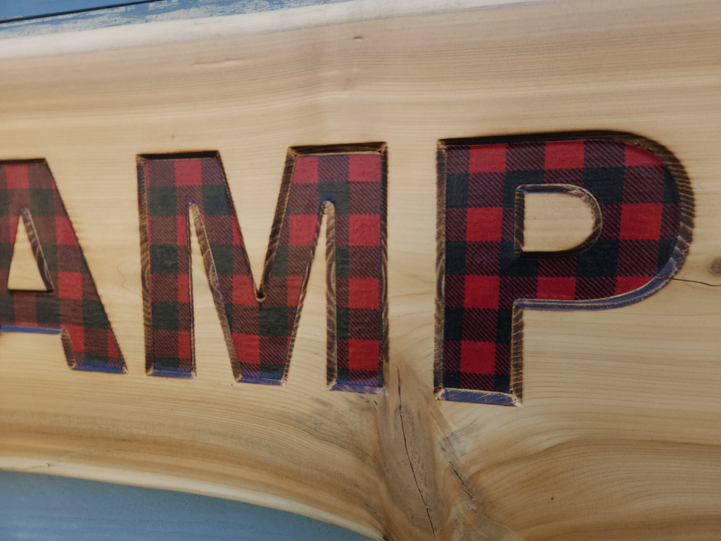 Live-edge Cedar Camp Sign with Red Plaid Inlay