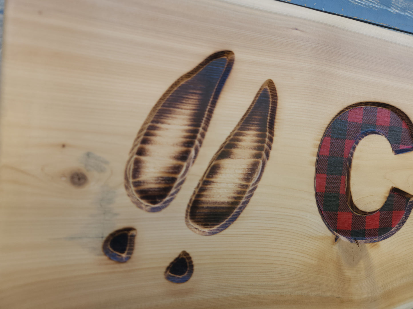 Live-edge Cedar Camp Sign with Red Plaid Inlay